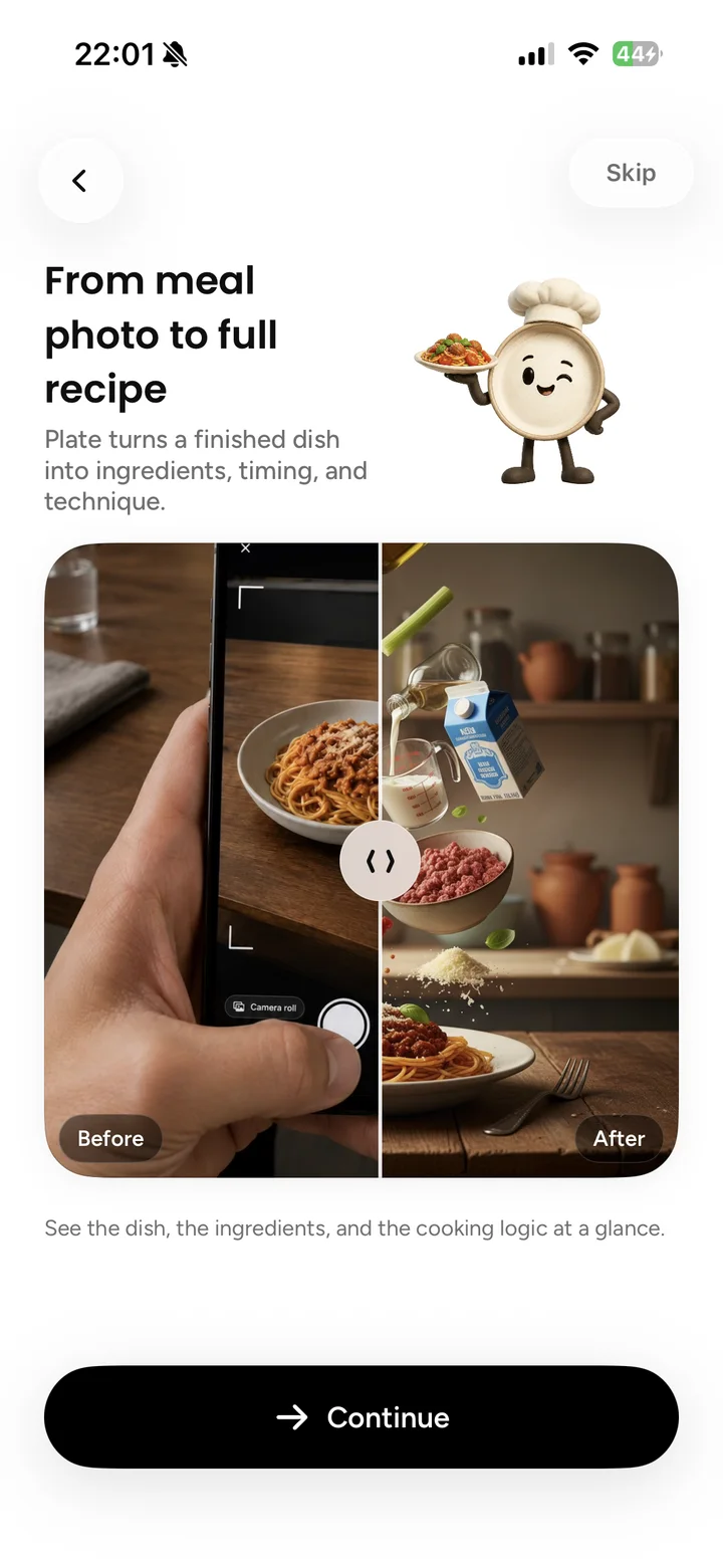 From meal photo to full recipe — before and after.