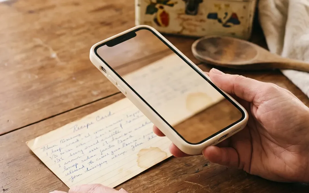 Un cartoncino macchiato con una ricetta scritta a mano in corsivo sbiadito, su un tavolo di legno accanto a un telefono che lo fotografa, con una vecchia scatola di latta per ricette e un cucchiaio di legno sullo sfondo