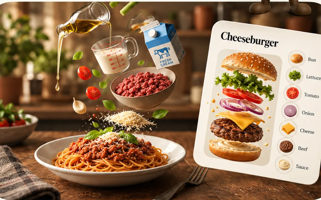 Plate launch card showing spaghetti bolognese with its ingredients floating above the plate, a cheeseburger teardown, and the Download on the App Store badge