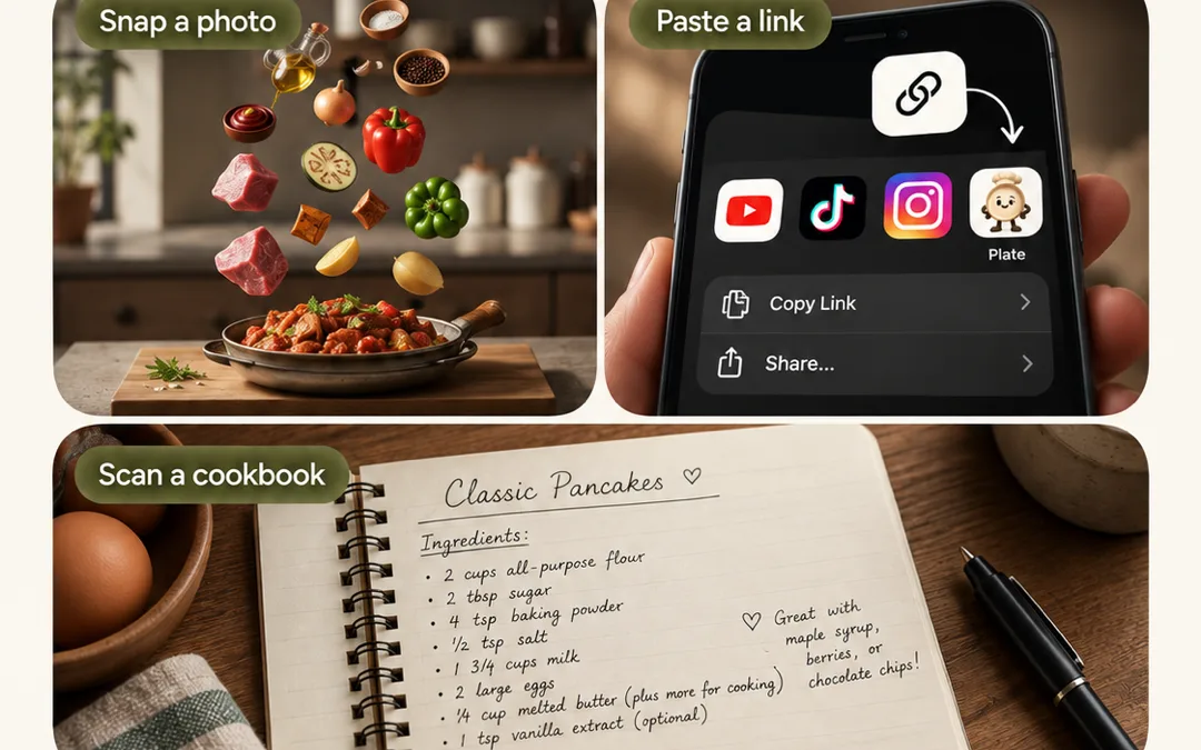 Plate recipe screen for a classic cheeseburger showing servings, time, and difficulty chips