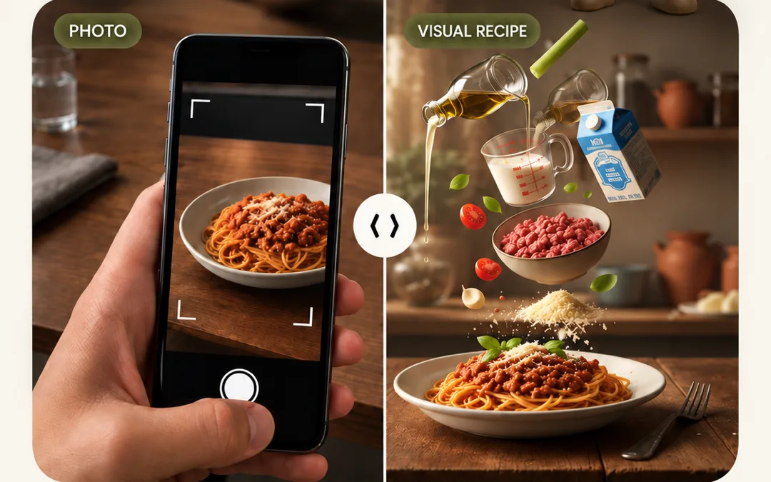 Plate app onboarding screen showing a phone photographing spaghetti next to the AI-detected ingredients