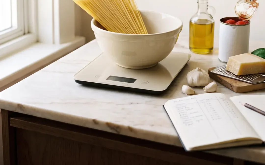 Una bilancia da cucina con una ciotola di pasta cruda, accanto a olio d'oliva, pomodori in scatola e un pezzo di parmigiano su un piano di marmo, con un quaderno di numeri scritti a mano