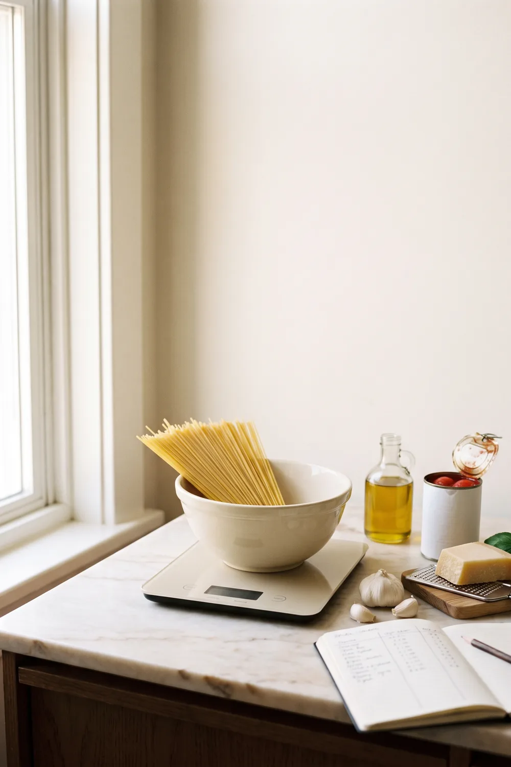 Timbangan dapur dengan semangkuk pasta kering di atasnya, di samping minyak zaitun, tomat kalengan, dan sepotong parmesan di atas meja marmer, dengan buku catatan berisi angka tulisan tangan