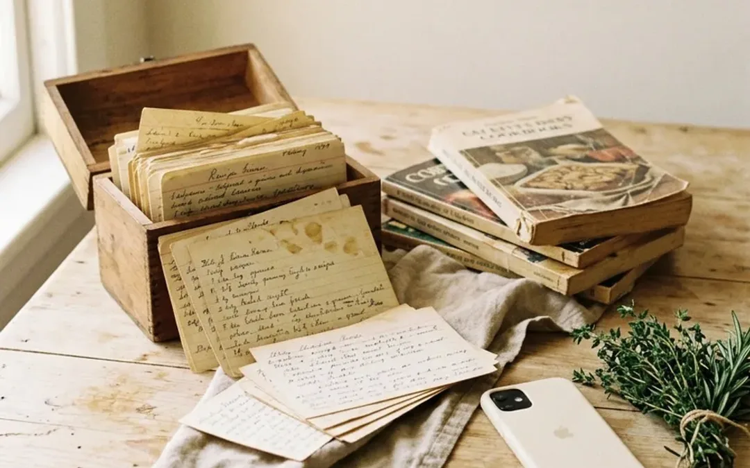 An open wooden recipe box on a kitchen table with handwritten index cards fanned out in front of it, beside a stack of worn cookbooks and a sprig of fresh herbs
