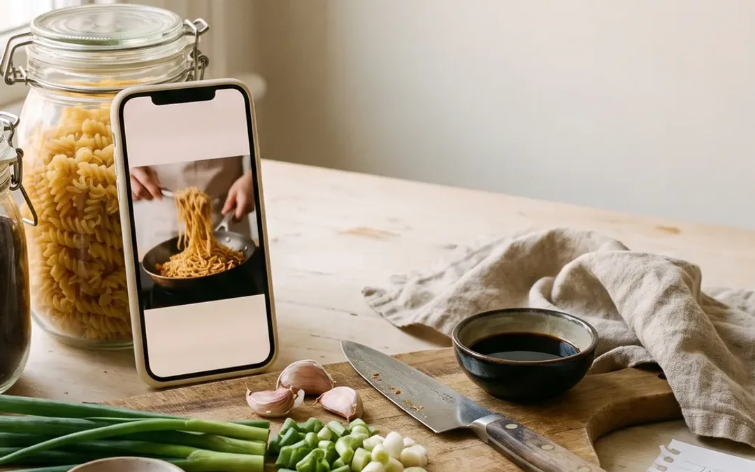 Un telefono appoggiato a un barattolo sul piano della cucina riproduce un video di cucina, accanto a un tagliere con erbe aromatiche tritate e a una lista della spesa scritta a mano