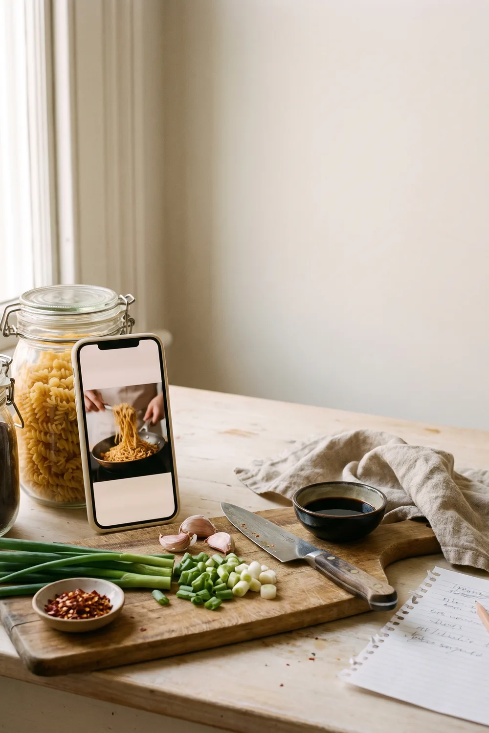 Un telefono appoggiato a un barattolo sul piano della cucina riproduce un video di cucina, accanto a un tagliere con erbe aromatiche tritate e a una lista della spesa scritta a mano