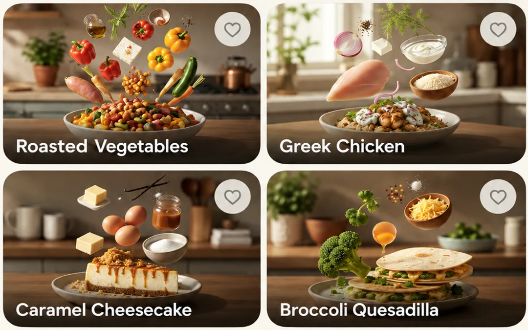 Plate cookbook screen showing recipe covers with ingredients floating above each finished dish